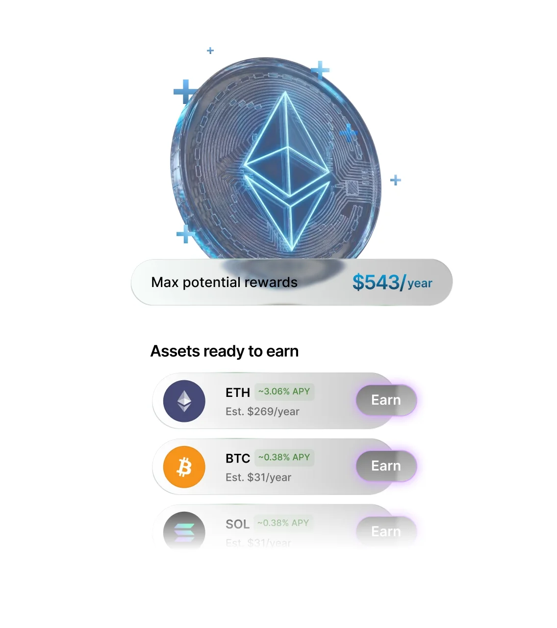Ledger Wallet Earn screen illustration listing assets ready to stake