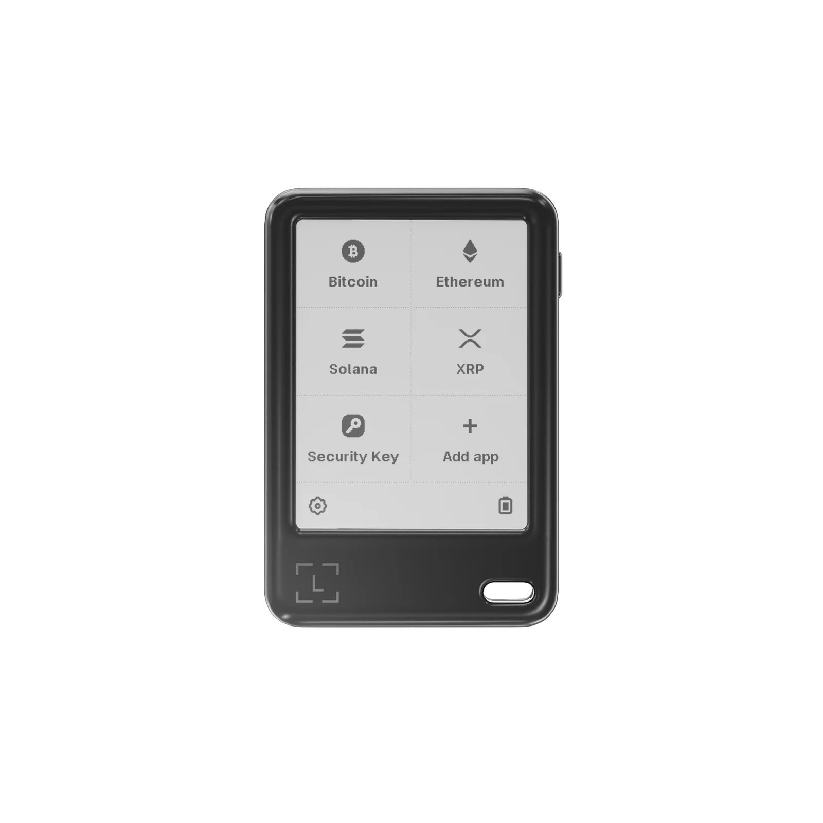Front view of the Ledger Nano Gen5 with app tiles for Bitcoin, Ethereum, Solana, XRP and Security Key on its touchscreen