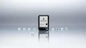 Ledger Nano Gen5 hardware wallet showing a swap confirmation on its E Ink touchscreen, surrounded by Susan Kare badges