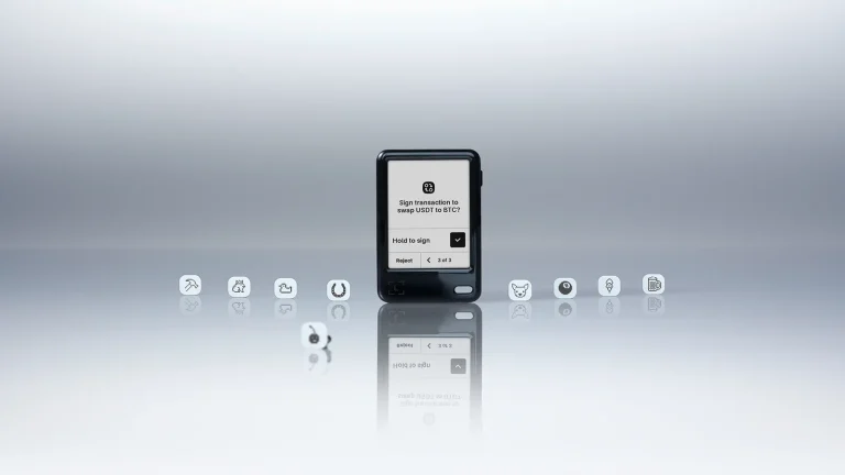 Ledger Nano Gen5 hardware wallet showing a swap confirmation on its E Ink touchscreen, surrounded by Susan Kare badges