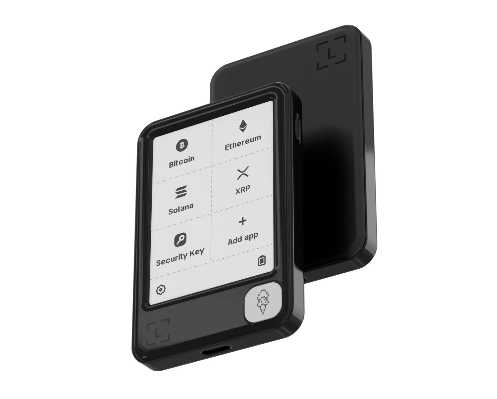 Ledger Nano Gen5 in Jet Black with its 2.8-inch E Ink touchscreen lit up