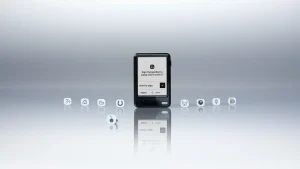 Ledger Nano Gen5 showing a swap confirmation on its E Ink touchscreen, surrounded by snap-on badges
