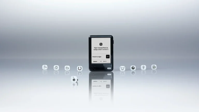 Ledger Nano Gen5 showing a swap confirmation on its E Ink touchscreen, surrounded by snap-on badges