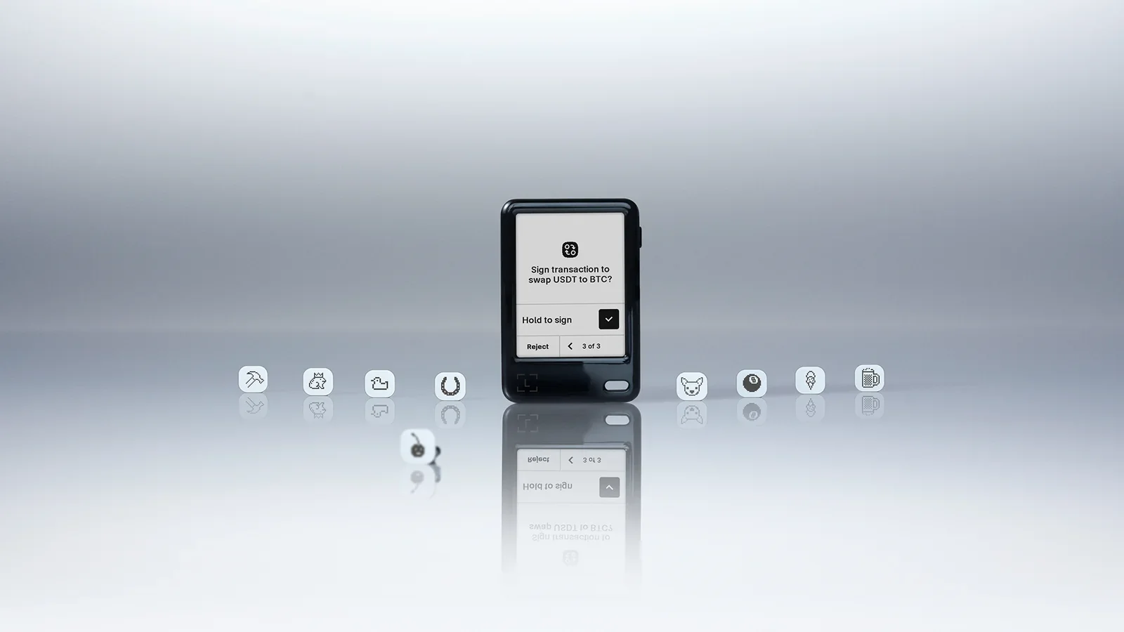 Ledger Nano Gen5 showing a swap confirmation on its E Ink touchscreen, surrounded by snap-on badges
