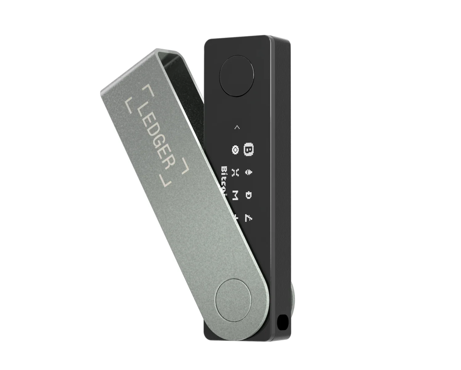 Ledger Nano X in Onyx Black with its stainless steel cover swiveled open, showing the small OLED screen and two buttons
