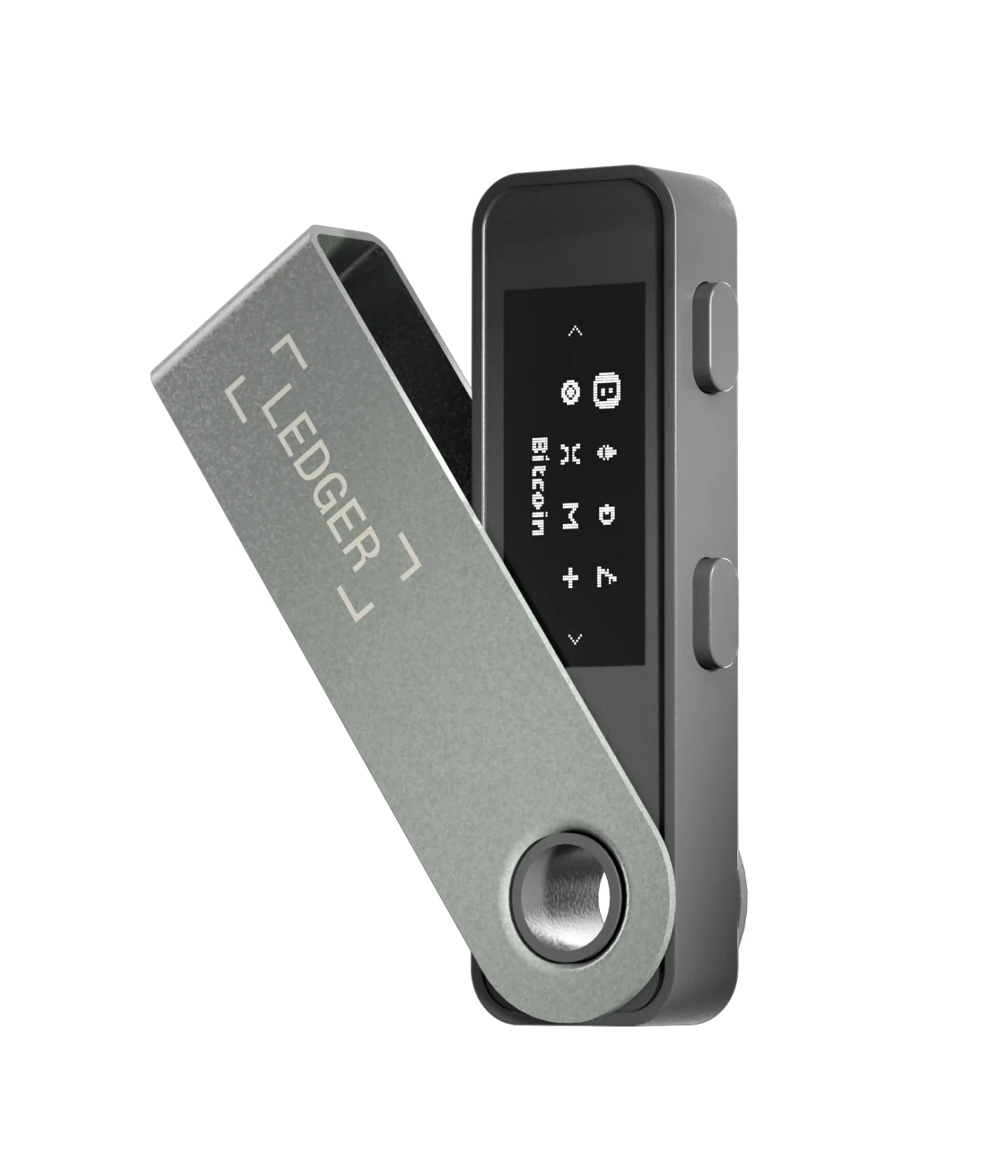 Ledger Nano S Plus in matte black with the metal cover swung open, showing the 128 x 64 pixel OLED screen