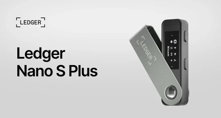 Ledger Nano S Plus hardware wallet in silver, shown open with its OLED screen lit, on a light background