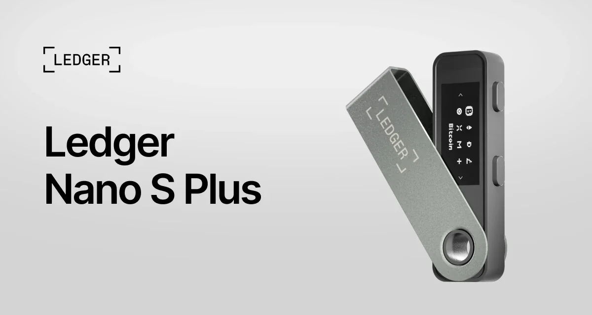 Ledger Nano S Plus hardware wallet in silver, shown open with its OLED screen lit, on a light background