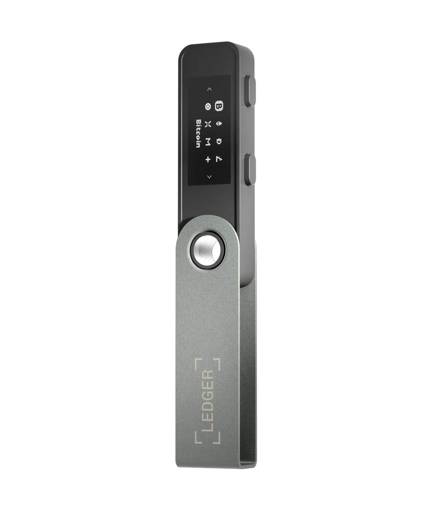 Side view of the Ledger Nano S Plus showing the two physical buttons used to navigate and confirm transactions