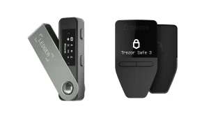 Ledger Nano S Plus hardware wallet on the left and Trezor Safe 3 hardware wallet on the right, shown side by side on a white background