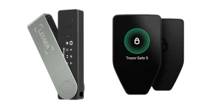 Ledger Nano X swivelled open on the left and Trezor Safe 5 front and back on the right, official product renders side by side