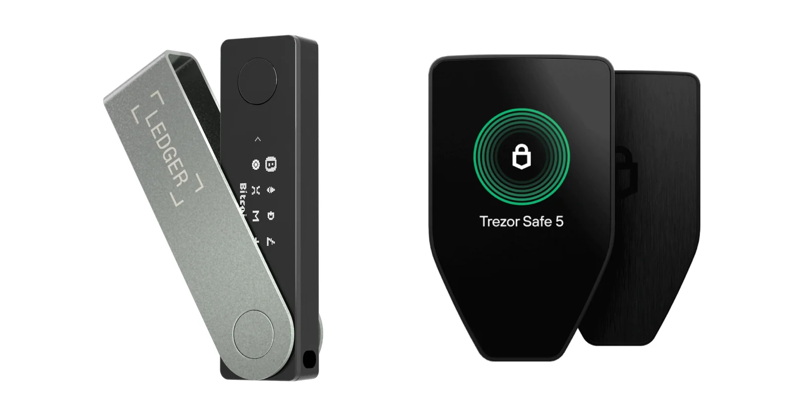 Ledger Nano X swivelled open on the left and Trezor Safe 5 front and back on the right, official product renders side by side