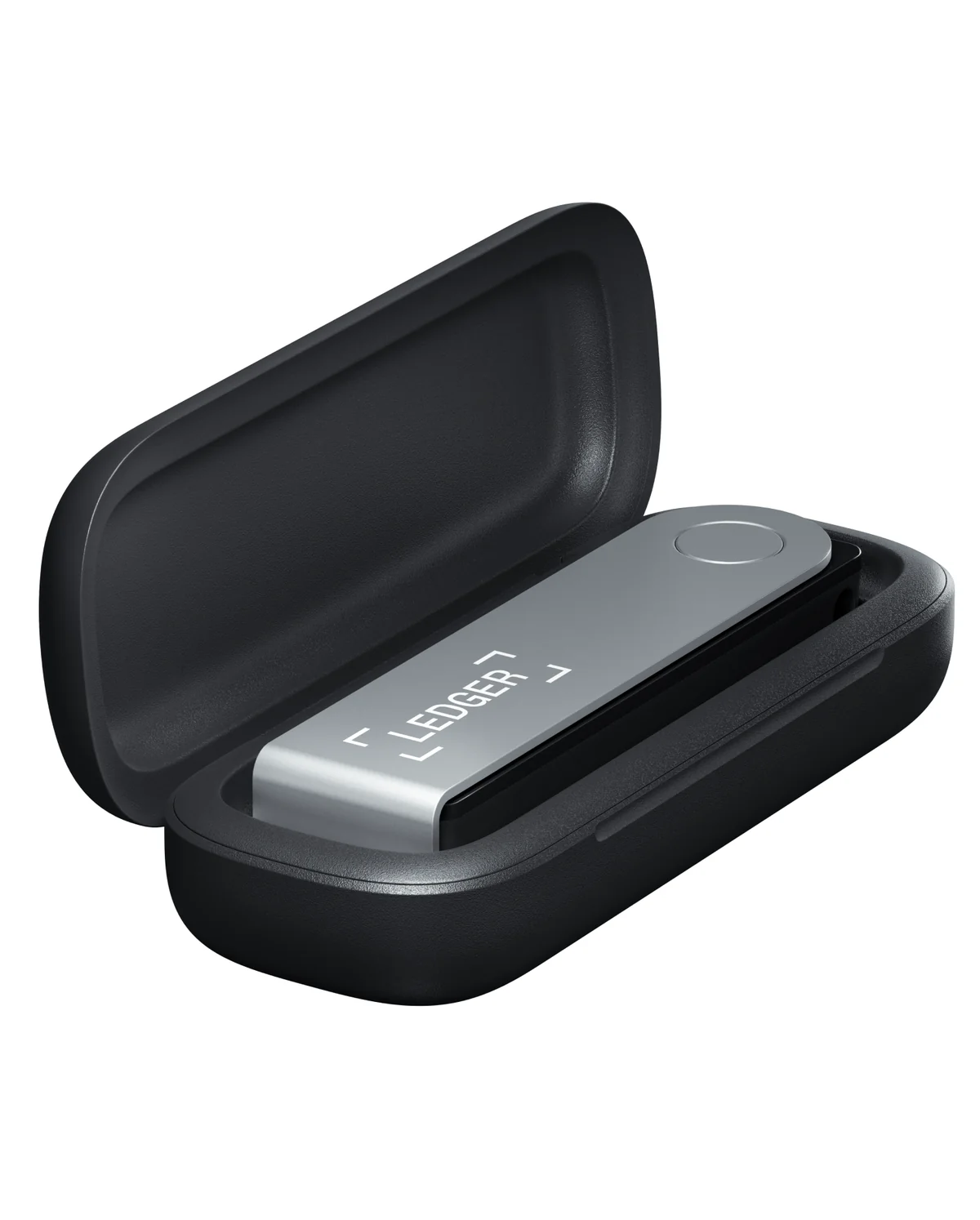 Ledger Nano X sitting in its black carry case, showing how small the device is