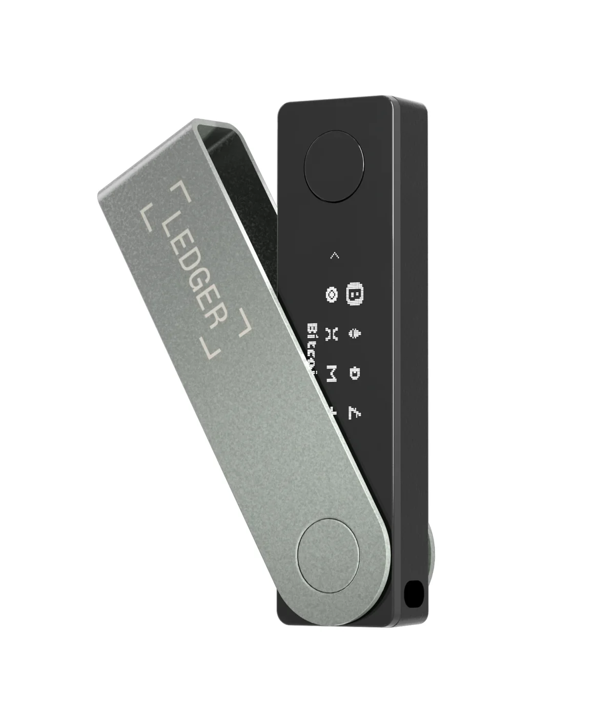 Ledger Nano X swivelled open, showing the Bitcoin app on its small monochrome screen and the two side buttons