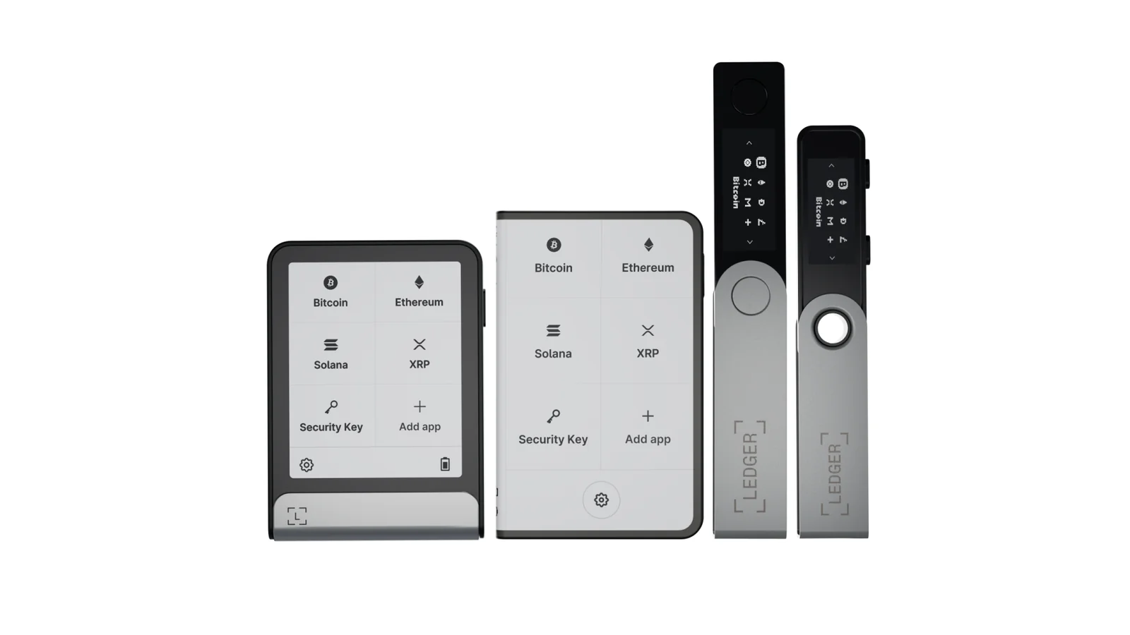 Ledger Stax, Ledger Flex, Ledger Nano X and Ledger Nano S Plus shown side by side against a white background, the devices compatible with Ledger Recover