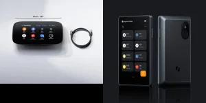 NGRAVE Zero with its USB-C cable on the left and the Keystone 3 Pro front and back on the right, official product images side by side