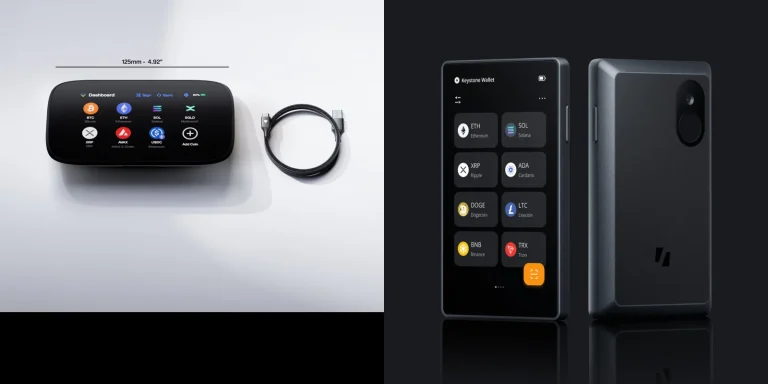 NGRAVE Zero with its USB-C cable on the left and the Keystone 3 Pro front and back on the right, official product images side by side
