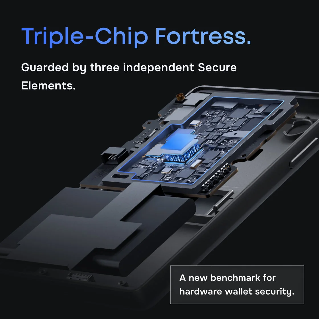 Keystone 3 Pro cutaway render highlighting the three secure element chips on its circuit board