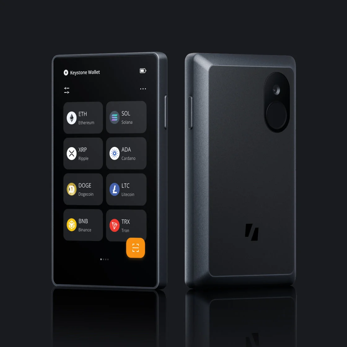 Keystone 3 Pro front with its coin list on the touchscreen, next to the back of the device with the QR camera
