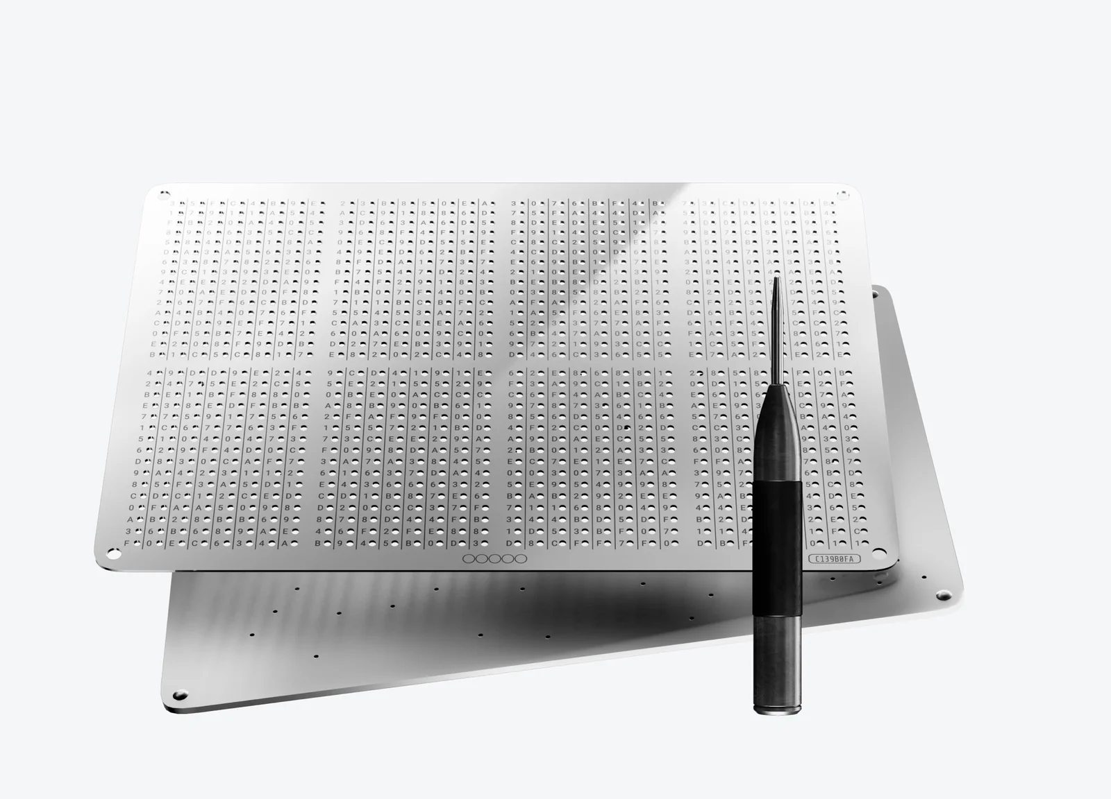 NGRAVE GRAPHENE backup, two perforated stainless steel plates with the punch pen used to record the NGRAVE Zero key