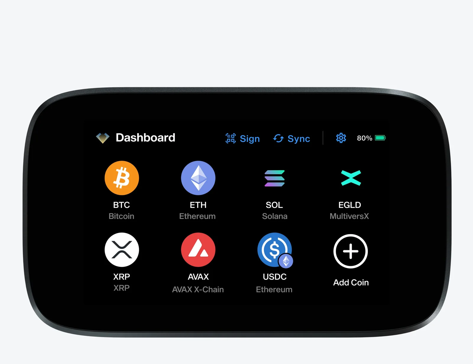 NGRAVE Zero hardware wallet showing its coin dashboard with Bitcoin, Ethereum, Solana and MultiversX on the 4-inch touchscreen