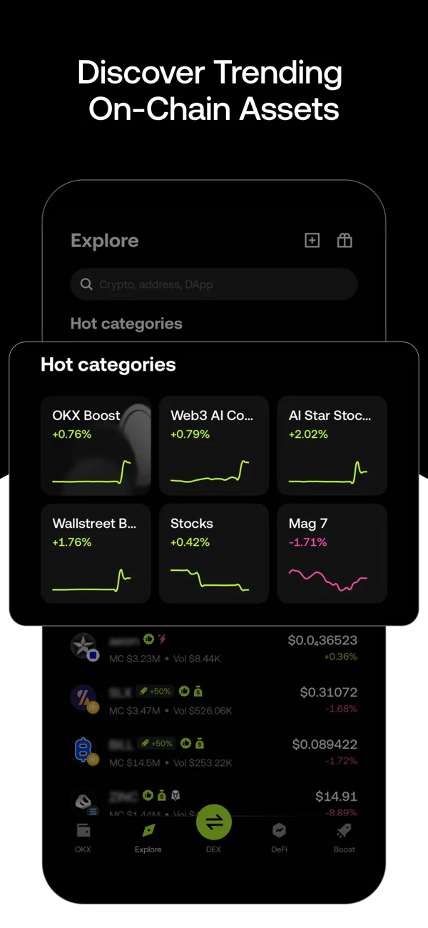 OKX Wallet Explore tab showing hot categories and a token list, with the OKX, Explore, DEX, DeFi and Boost tab bar