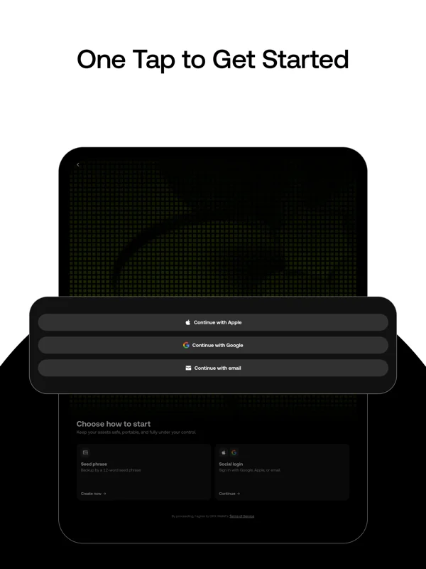 OKX Wallet onboarding screen offering Continue with Apple, Google or email alongside the 12-word seed phrase option