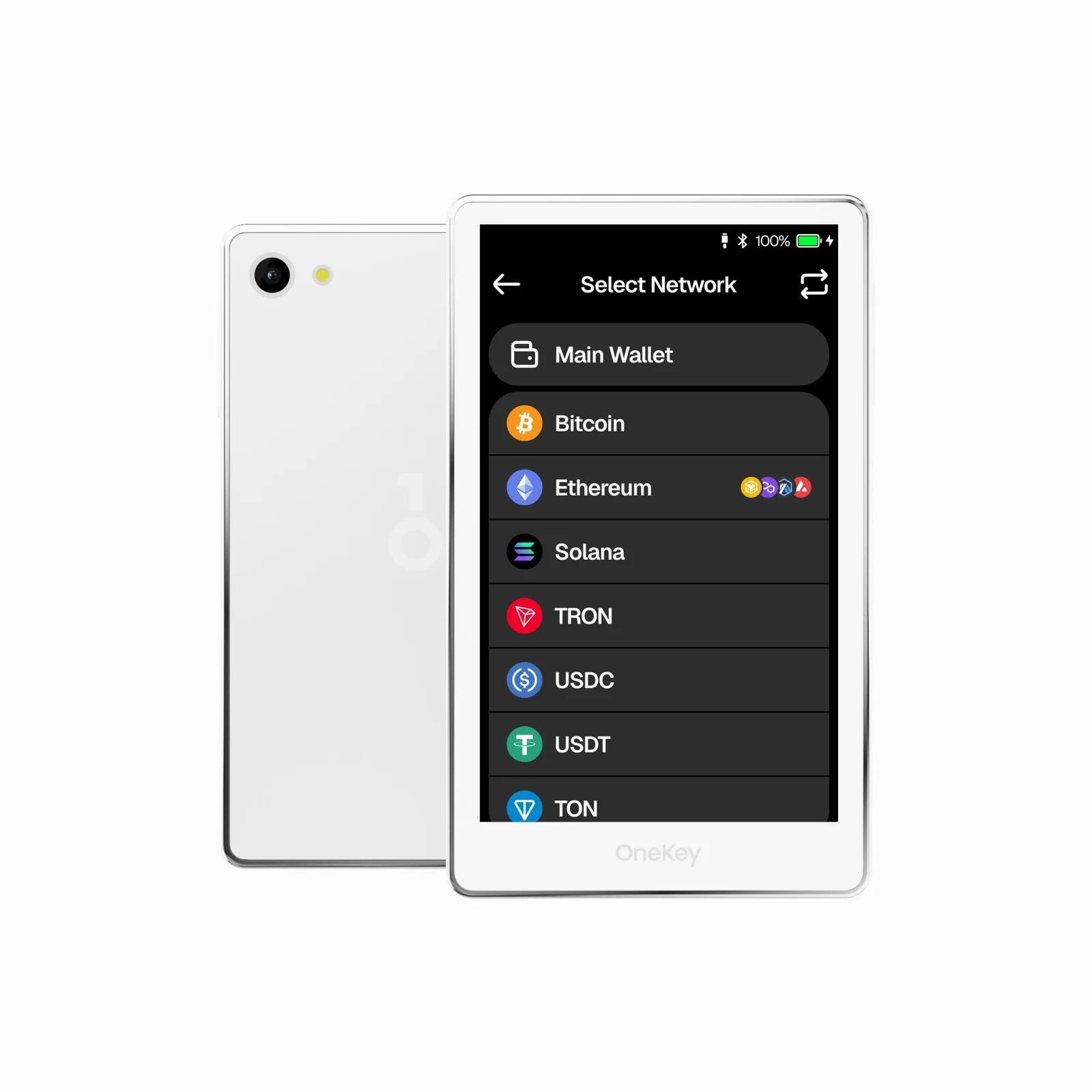 Front and back of the white OneKey Pro hardware wallet, with the network list on its touchscreen