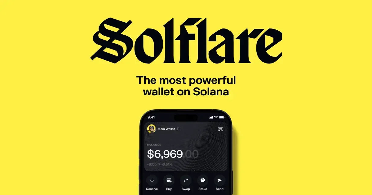 Solflare wordmark and the Solflare wallet app on a phone, from the official Solflare website
