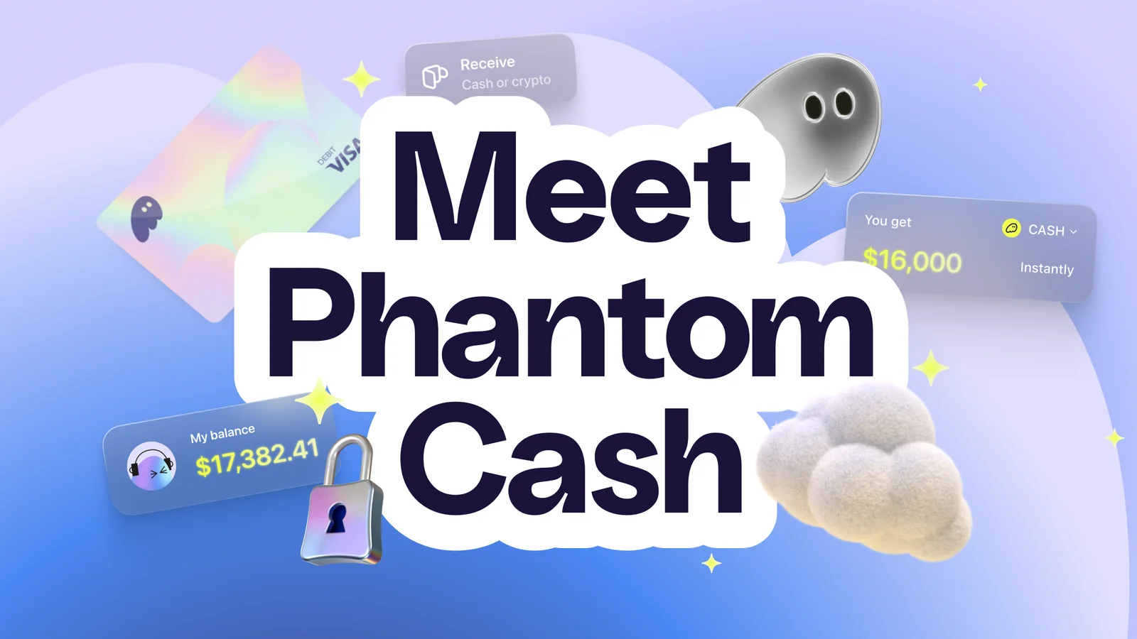 Phantom Cash announcement artwork showing the Phantom Wallet debit card and balance screens