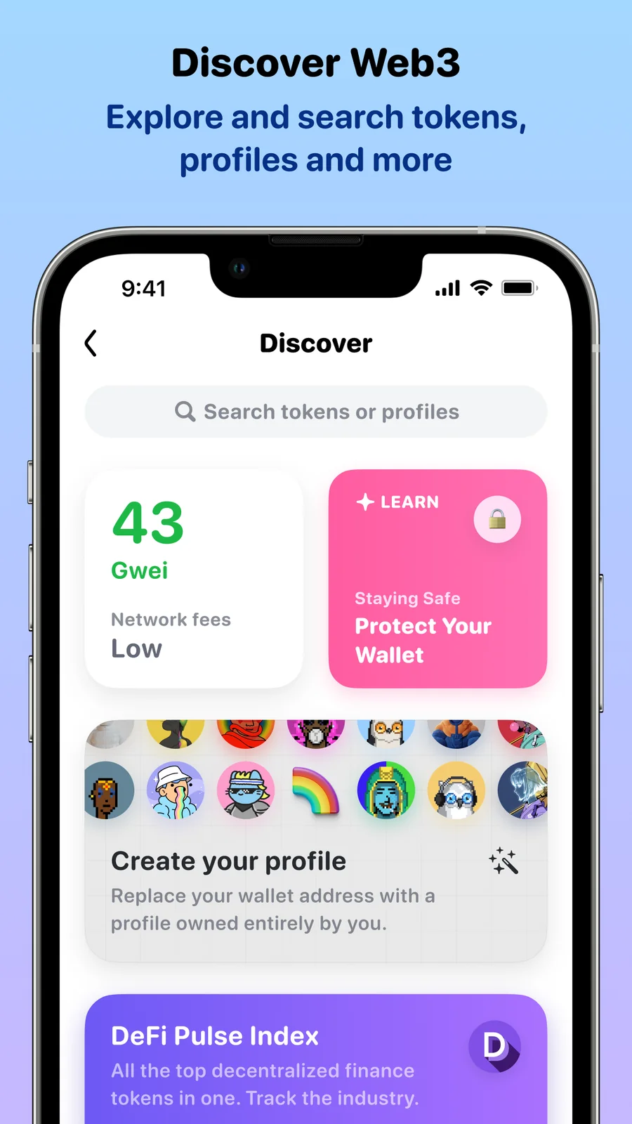 Rainbow wallet Discover screen on an iPhone, showing the gas price card and token search
