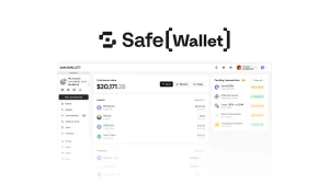 Safe{Wallet} logo above the Safe{Wallet} web dashboard showing total asset value, assets and pending multisig transactions