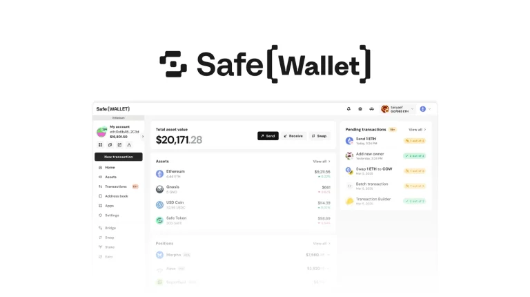 Safe{Wallet} logo above the Safe{Wallet} web dashboard showing total asset value, assets and pending multisig transactions