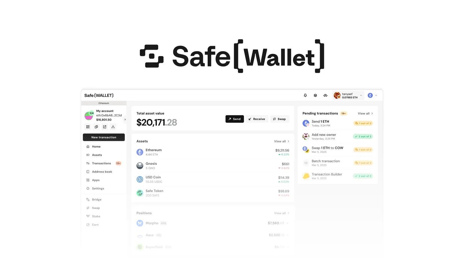 Safe{Wallet} logo above the Safe{Wallet} web dashboard showing total asset value, assets and pending multisig transactions