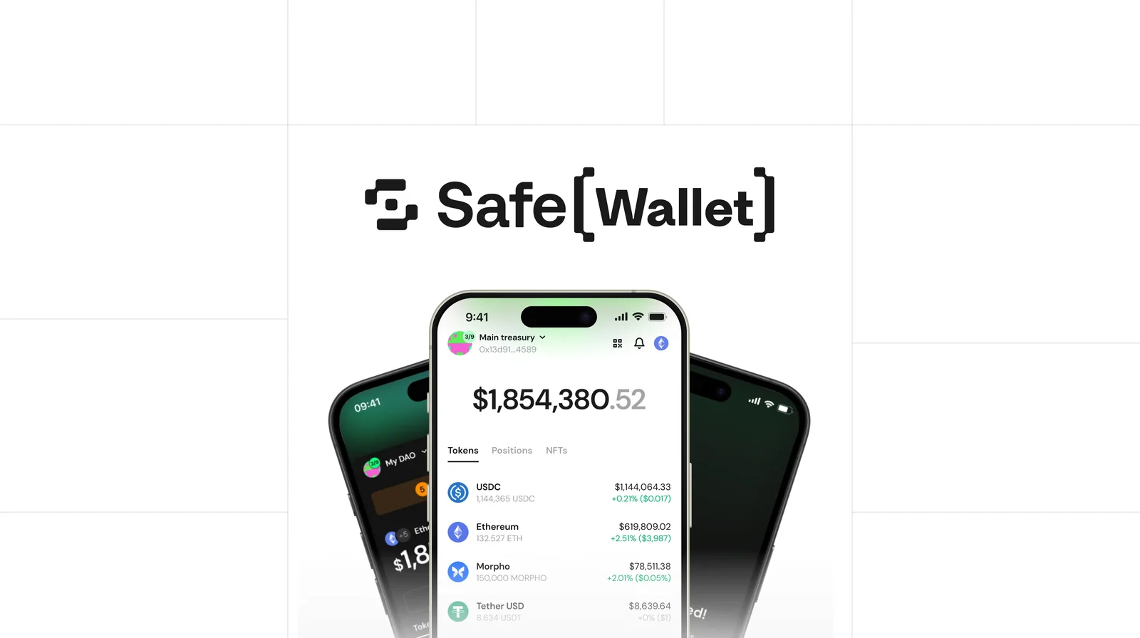 Safe{Mobile} app on three phones showing a multisig treasury balance and token list under the Safe{Wallet} logo