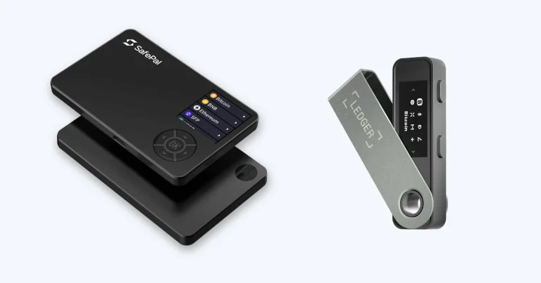 SafePal S1 hardware wallet on the left and Ledger Nano S Plus hardware wallet on the right, side by side on a light blue background