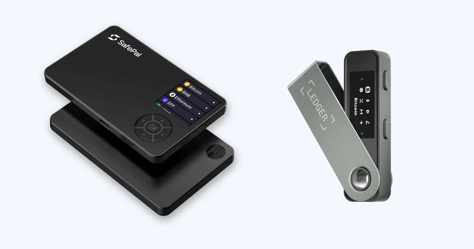 SafePal S1 hardware wallet on the left and Ledger Nano S Plus hardware wallet on the right, side by side on a light blue background