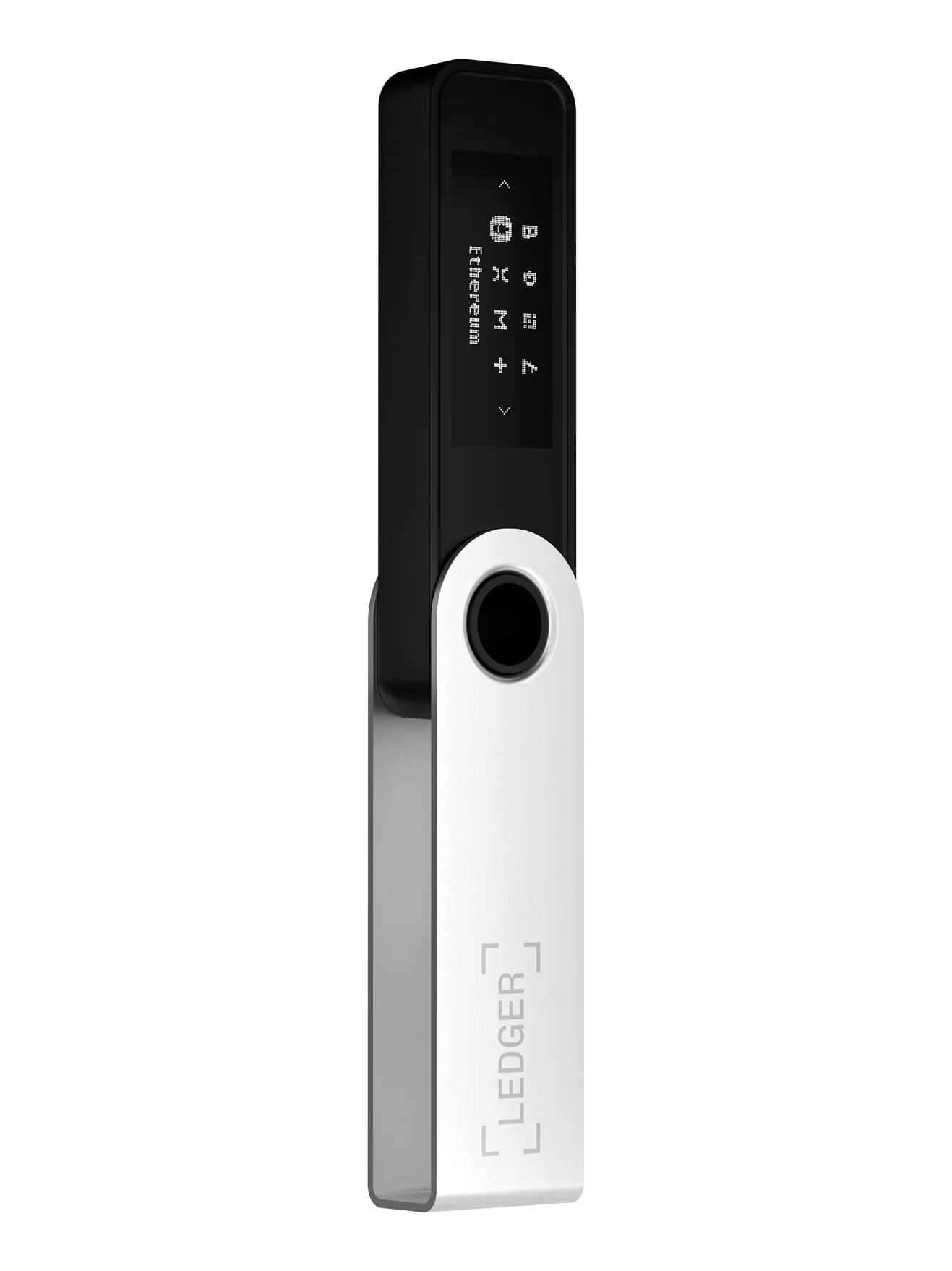 Ledger Nano S Plus hardware wallet standing upright with its metal swivel cover closed and the OLED screen showing