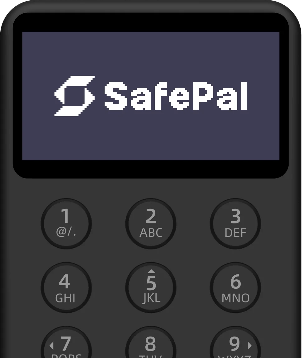 Front view of the SafePal X1 hardware wallet with its 1.8 inch monochrome screen lit up