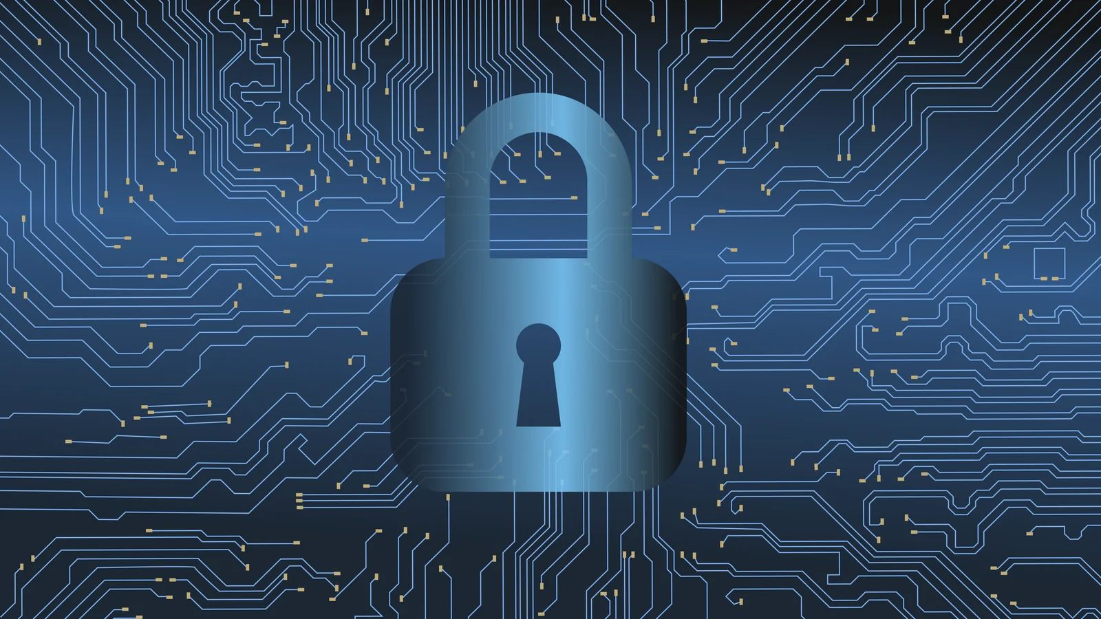 Blue padlock over a circuit board pattern, illustrating the secure element that protects keys in a SafePal X1 hardware wallet
