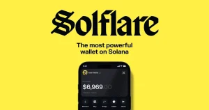 Solflare wallet logo above a phone showing the Solflare app balance screen with Receive, Buy, Swap, Stake and Send buttons