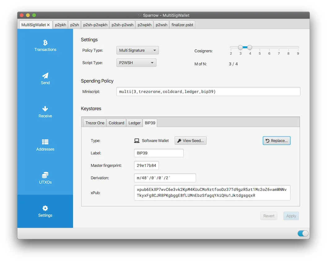Sparrow Wallet settings screen showing a 3-of-4 multi signature policy, P2WSH script type, a miniscript spending policy and keystore tabs for several hardware wallets