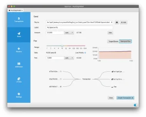 Sparrow Wallet Send tab showing the fee slider, mempool chart and the input and output diagram of a Bitcoin transaction