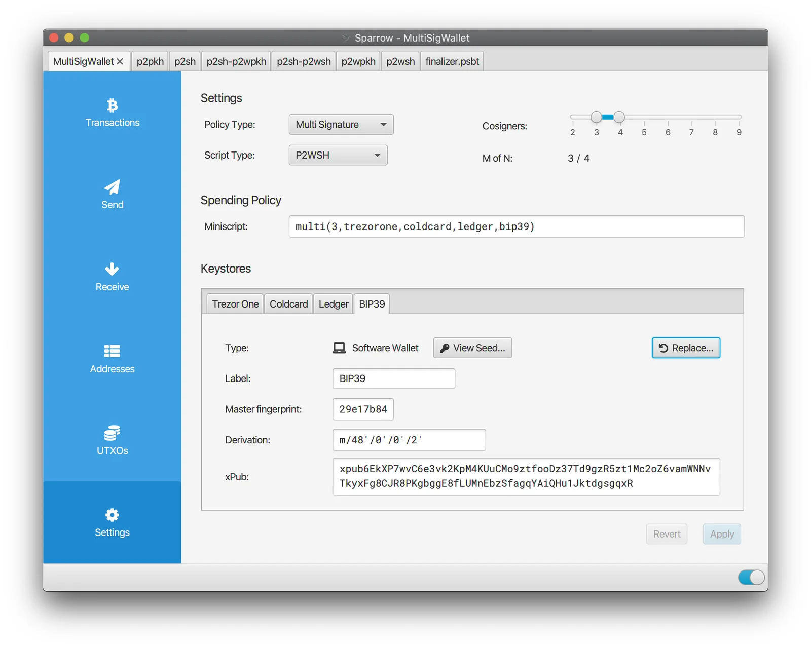 Sparrow Wallet new wallet screen showing single signature and multisig keystore setup options