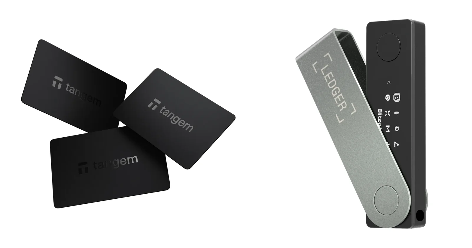 Three black Tangem Wallet cards on the left and a Ledger Nano X on the right, official product renders side by side