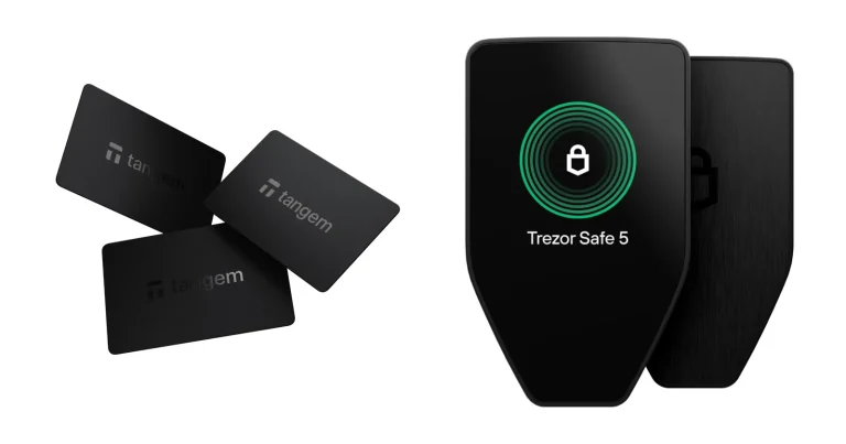 Three black Tangem Wallet cards on the left and a Trezor Safe 5 hardware wallet on the right, official product renders side by side