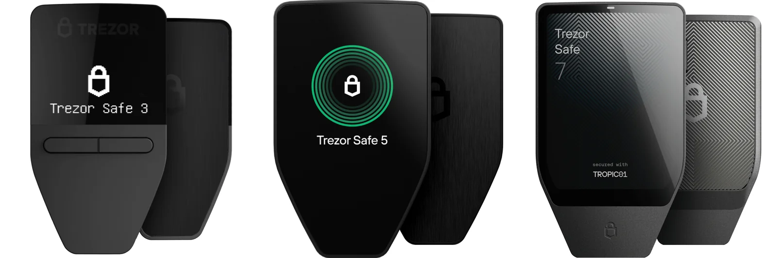 The Trezor Safe 3, Trezor Safe 5 and Trezor Safe 7 hardware wallets side by side, front and back