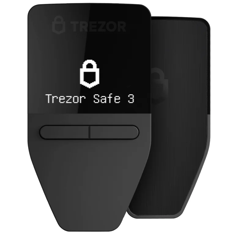 Trezor Safe 3 front and back, showing the monochrome OLED screen and the two-button pad