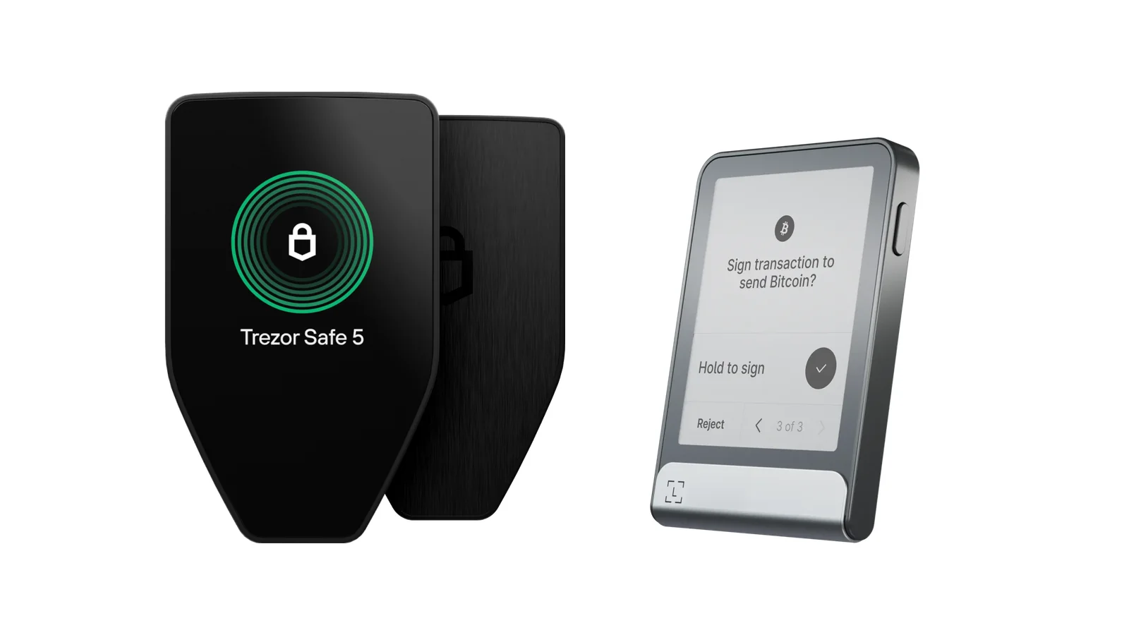 Trezor Safe 5 and Ledger Flex hardware wallets side by side on a white background