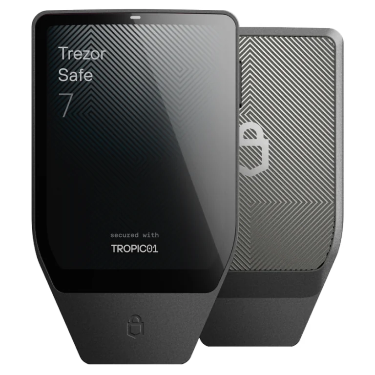 Front and back of the Trezor Safe 7 in Charcoal Black, with the screen reading secured with TROPIC01